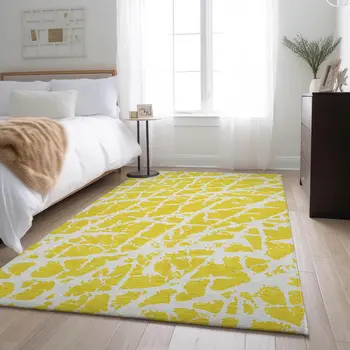 8' X 10' Yellow And Ivory Abstract Washable Area Rug With UV Protection