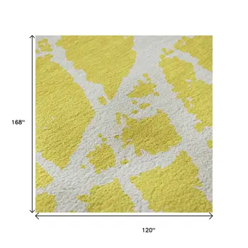 10' X 14' Yellow And Ivory Abstract Washable Area Rug With UV Protection