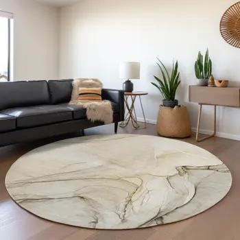 8' Beige And Ivory Abstract Washable Round Rug With UV Protection