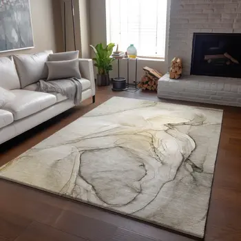 9' X 12' Beige And Ivory Abstract Washable Area Rug With UV Protection