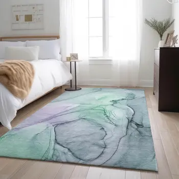 3' X 5' Blue And Green Abstract Washable Area Rug With UV Protection