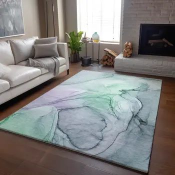 3' X 5' Blue And Green Abstract Washable Area Rug With UV Protection