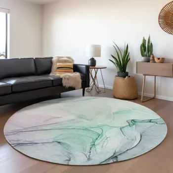 8' Blue And Green Abstract Washable Round Rug With UV Protection