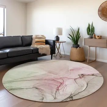8' Blush And Ivory Abstract Washable Round Rug With UV Protection
