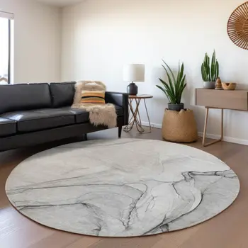 8' Gray And Charcoal Abstract Washable Round Rug With UV Protection