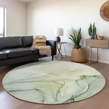8' Green And Ivory Abstract Washable Round Rug With UV Protection