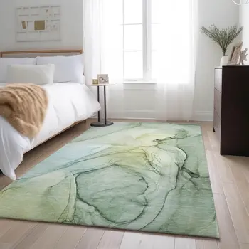 10' X 14' Green And Ivory Abstract Washable Area Rug With UV Protection