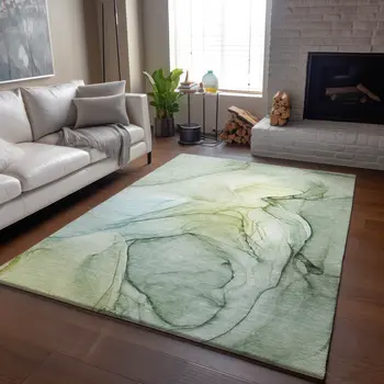 10' X 14' Green And Ivory Abstract Washable Area Rug With UV Protection