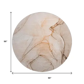 8' Orange And Ivory Abstract Washable Round Rug With UV Protection