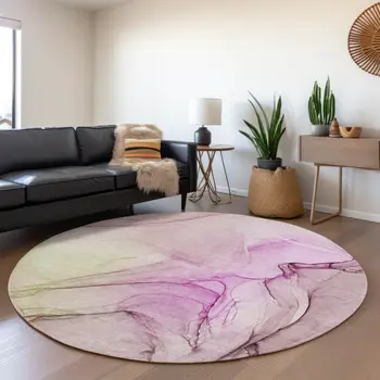 8' Pink And Ivory Abstract Washable Round Rug With UV Protection