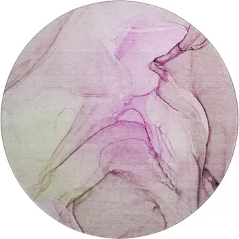 8' Pink And Ivory Abstract Washable Round Rug With UV Protection