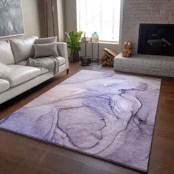 3' X 5' Purple And Ivory Abstract Washable Area Rug With UV Protection