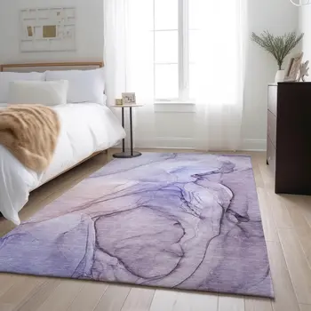 5' X 8' Purple And Ivory Abstract Washable Area Rug With UV Protection