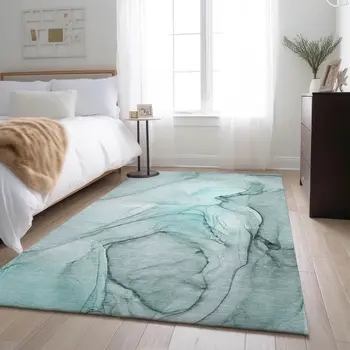 3' X 5' Teal And Ivory Abstract Washable Area Rug With UV Protection
