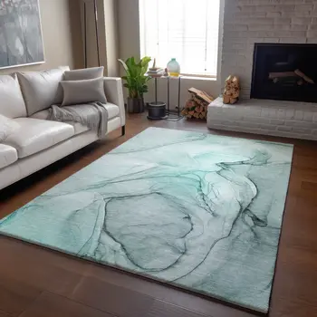 8' X 10' Teal And Ivory Abstract Washable Area Rug With UV Protection