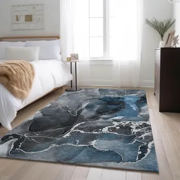 5' X 8' Blue And Charcoal Abstract Washable Area Rug With UV Protection