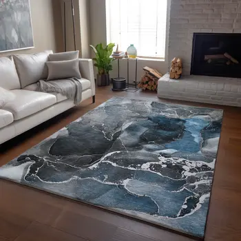 5' X 8' Blue And Charcoal Abstract Washable Area Rug With UV Protection