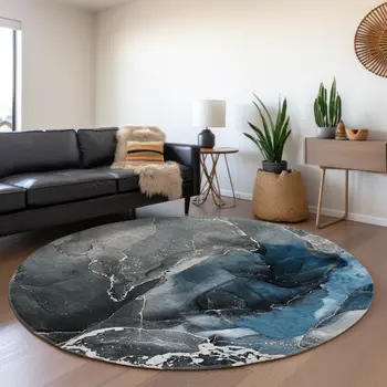 8' Blue And Charcoal Abstract Washable Round Rug With UV Protection