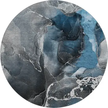 8' Blue And Charcoal Abstract Washable Round Rug With UV Protection