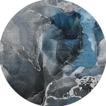 8' Blue And Charcoal Abstract Washable Round Rug With UV Protection