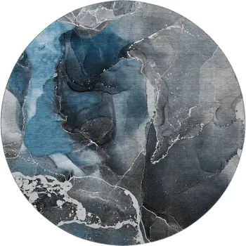8' Blue And Charcoal Abstract Washable Round Rug With UV Protection