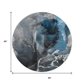 8' Blue And Charcoal Abstract Washable Round Rug With UV Protection