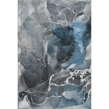 8' X 10' Blue And Charcoal Abstract Washable Area Rug With UV Protection