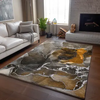 3' X 5' Brown And Ivory Abstract Washable Area Rug With UV Protection