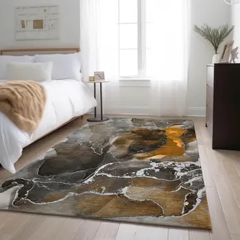 8' X 10' Brown And Ivory Abstract Washable Area Rug With UV Protection