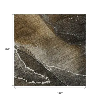 10' X 14' Brown And Ivory Abstract Washable Area Rug With UV Protection