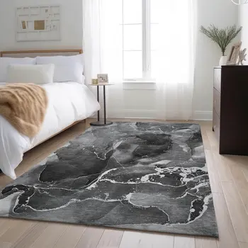 3' X 5' Gray And Ivory Abstract Washable Area Rug With UV Protection