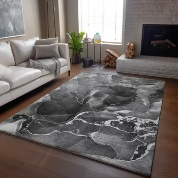 3' X 5' Gray And Ivory Abstract Washable Area Rug With UV Protection