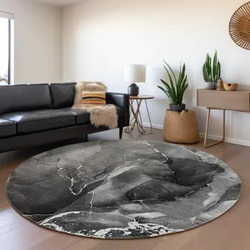 8' Gray And Ivory Abstract Washable Round Rug With UV Protection