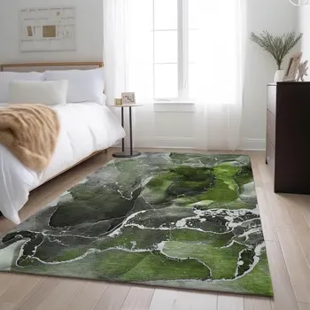 5' X 8' Green And Charcoal Abstract Washable Area Rug With UV Protection