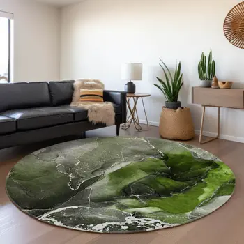 8' Green And Charcoal Abstract Washable Round Rug With UV Protection