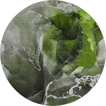 8' Green And Charcoal Abstract Washable Round Rug With UV Protection