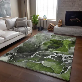 10' X 14' Green And Charcoal Abstract Washable Area Rug With UV Protection