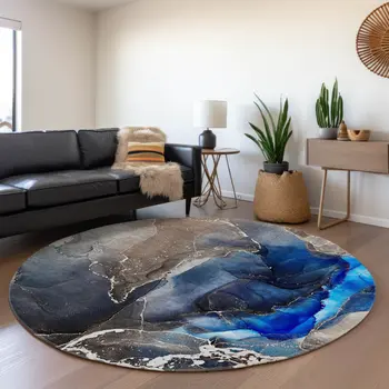 8' Navy Blue And Charcoal Abstract Washable Round Rug With UV Protection