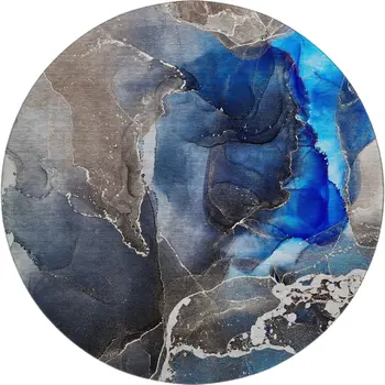8' Navy Blue And Charcoal Abstract Washable Round Rug With UV Protection