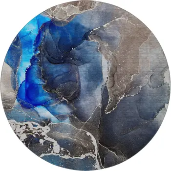 8' Navy Blue And Charcoal Abstract Washable Round Rug With UV Protection