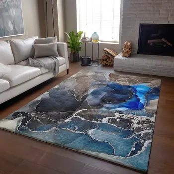 8' X 10' Navy Blue And Charcoal Abstract Washable Area Rug With UV Protection