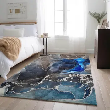 10' X 14' Navy Blue And Charcoal Abstract Washable Area Rug With UV Protection