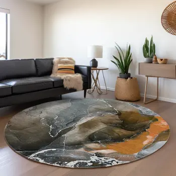 8' Orange And Charcoal Abstract Washable Round Rug With UV Protection