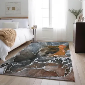 9' X 12' Orange And Charcoal Abstract Washable Area Rug With UV Protection