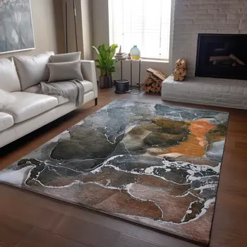 9' X 12' Orange And Charcoal Abstract Washable Area Rug With UV Protection