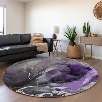 8' Purple And Charcoal Abstract Washable Round Rug With UV Protection