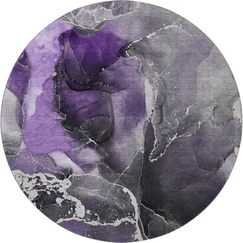 8' Purple And Charcoal Abstract Washable Round Rug With UV Protection