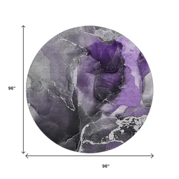 8' Purple And Charcoal Abstract Washable Round Rug With UV Protection