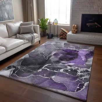 8' X 10' Purple And Charcoal Abstract Washable Area Rug With UV Protection
