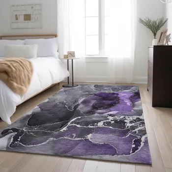 9' X 12' Purple And Charcoal Abstract Washable Area Rug With UV Protection